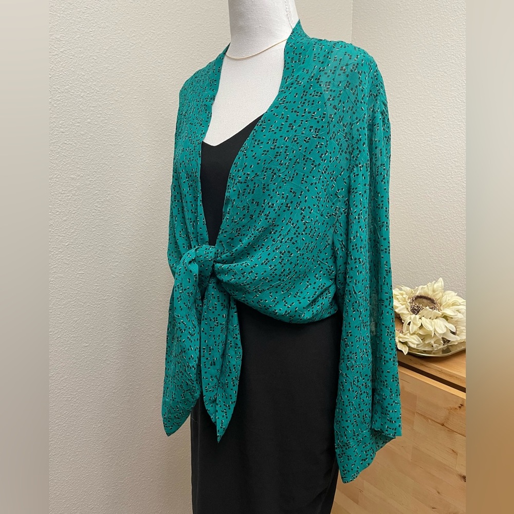Teal and Black Sheer Open Front Kimono Cardigan - Picture 4 of 16